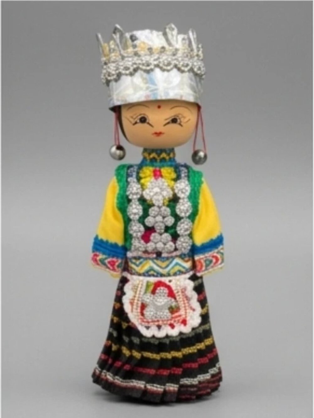 Vintage Chinese Ethnic Minority Doll Traditional Costume Silver Headdress Folk